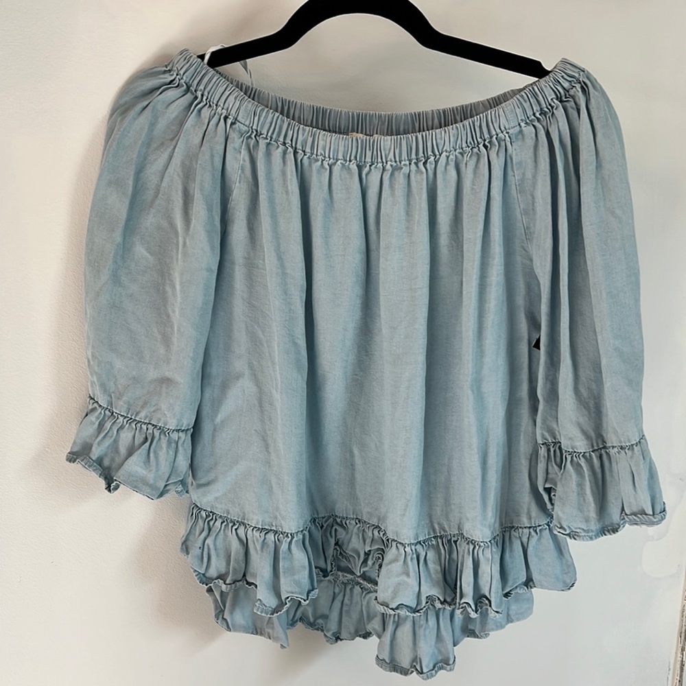 Jene and Delaney Small Chambray off the shoulder ruffle top